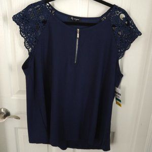 Lily Morgan Navy Blouse with Lace Cap Sleeves